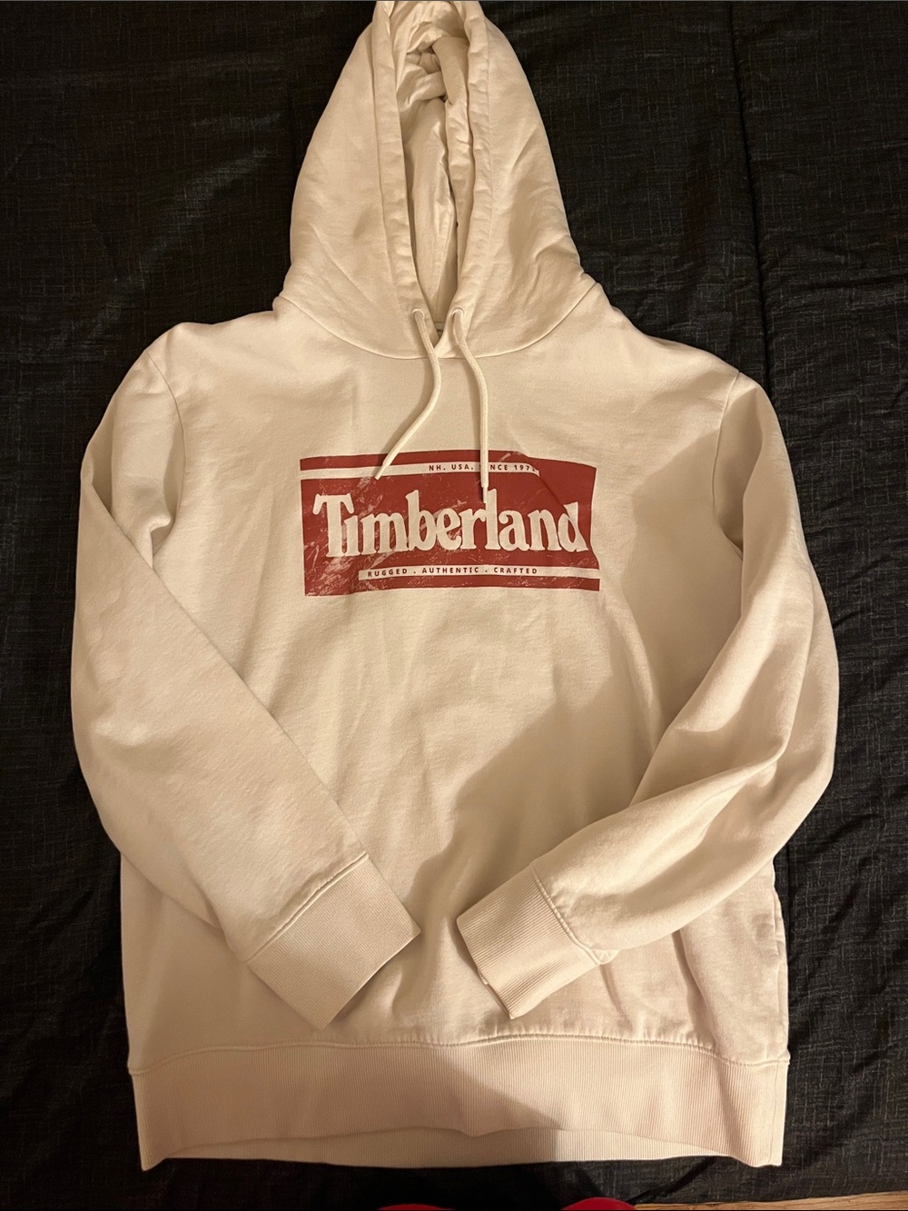 Timberland Cream Hoodie with Red Logo Box Graphic